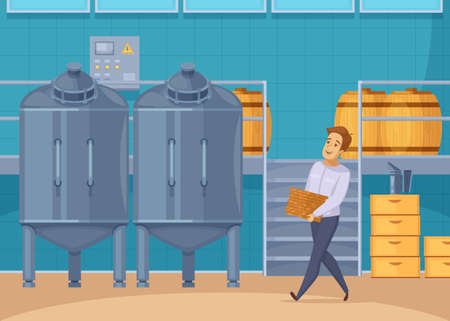 Modern bee farm honey production storage and filtration facility with apiarist carrying honeycombs cartoon composition vector illustrationのイラスト素材