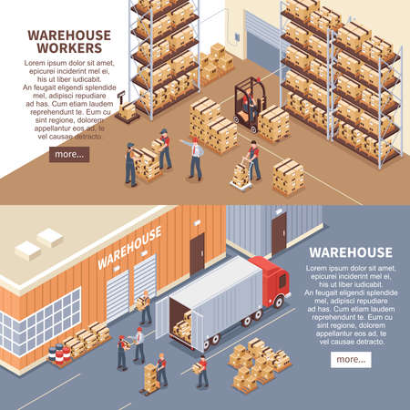 Warehouse horizontal banners set with delivery symbols isometric isolated vector illustrationのイラスト素材