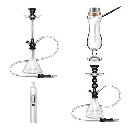 Colored hookah realistic icon set with different styles of hookahs and vape vector illustrationのイラスト素材