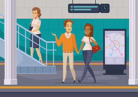 Metro underground station with  staircase subway lines map display and passengers on platform cartoon composition vector illustrationのイラスト素材