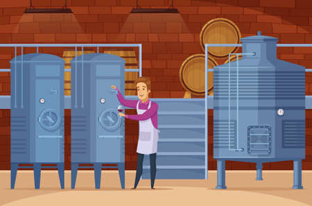 Wine production equipment in winery facility cellar with winemaker tasting and evaluating product cartoon composition vector illustrationのイラスト素材