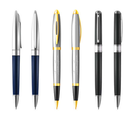 Realistic business pen icon set with silver gold and black premium color vector illustrationのイラスト素材