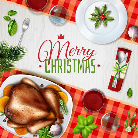 Colored realistic turkey christmas illustration with festive table and merry Christmas headline vector illustrationのイラスト素材