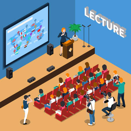 Lecture isometric composition with orator near tribune, people in auditorium, screen and loudspeakers, photo reporters vector illustrationのイラスト素材