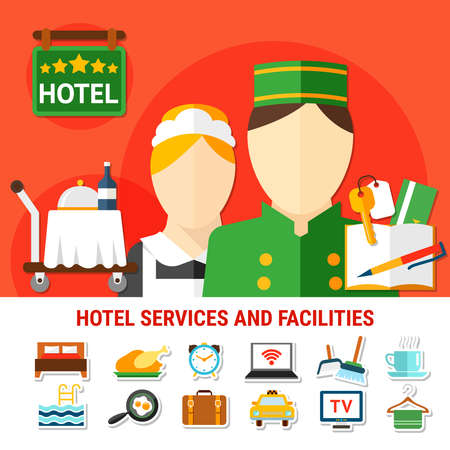 Hotel facilities background with maid and doorman figurines food cart and  five stars plate flat vector illustrationのイラスト素材