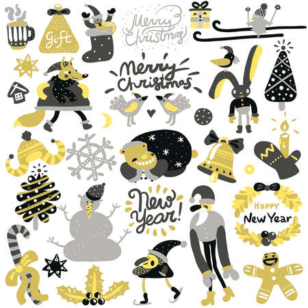 Christmas elements set with calligraphic letterings, year tree, santa on ski, snowman and animals isolated vector illustrationのイラスト素材