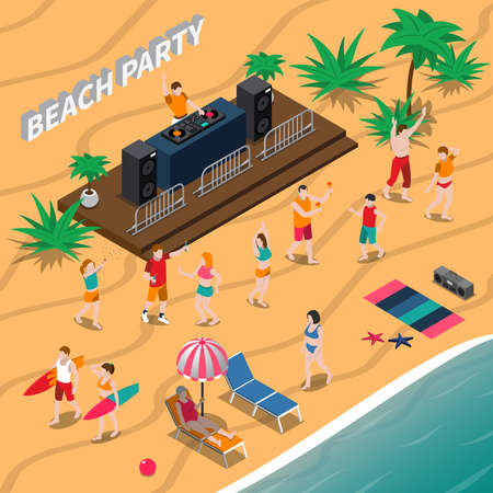 Beach party isometric composition with dj and music equipment, dancing people, loungers, umbrella, palm trees vector illustrationのイラスト素材