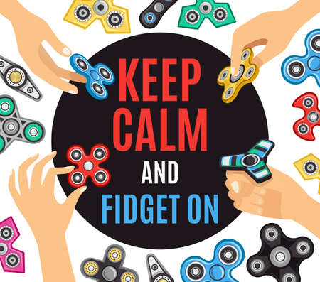 Hand spinner stress relief advertisement poster with rotation toys models background and keep calm lettering  center vector illustrationのイラスト素材