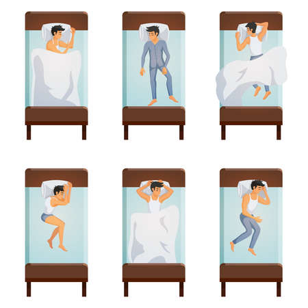 Top view of single bed with sleeping men in different poses decorative icons set  isolated vector illustrationのイラスト素材