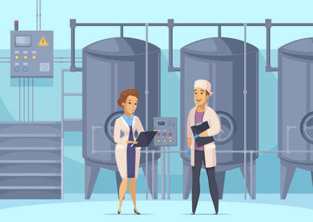 Dairy production cartoon composition with factory workers on background of tanks for milk pasteurization vector illustrationのイラスト素材