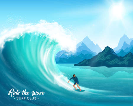 Surfer and big ocean wave on rocks background, sun and blue sky, natural landscape vector...