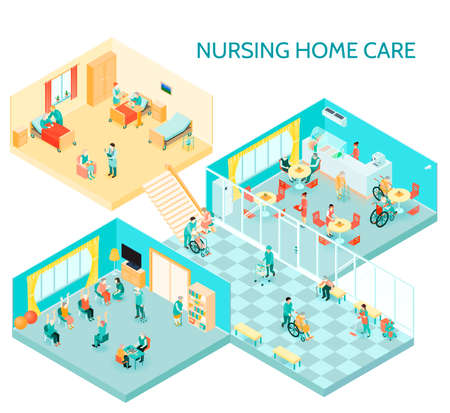 Nursing home care facility isometric composition with hall daily activities communication room canteen and bedroom vector illustrationのイラスト素材