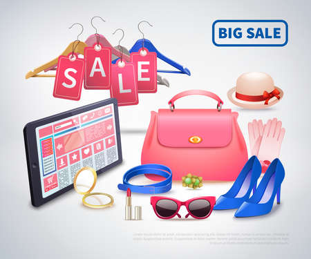 Online shopping realistic composition of flat female accessories images and tablet with online store application and text vector illustrationのイラスト素材