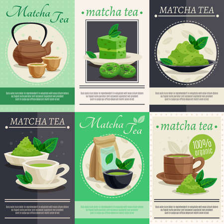 Japanese tea ceremony 6 mini banners poster with  green matcha powder teapot cups dessert set isolated vector illustrationのイラスト素材