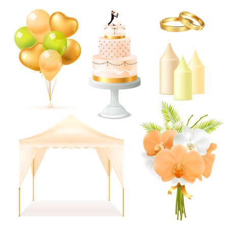 Wedding elements realistic set with outdoor tent, cake, candles, rings, bunch of flowers, balloons isolated vector illustrationのイラスト素材