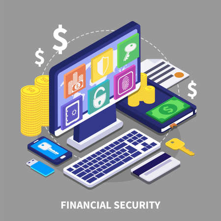 Internet banking and financial security concept with various electronic devices coins and credit card 3d isometric vector illustrationのイラスト素材