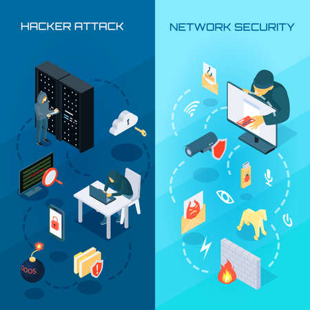 Set of vertical isometric banners with hacker attack and network security on blue background...