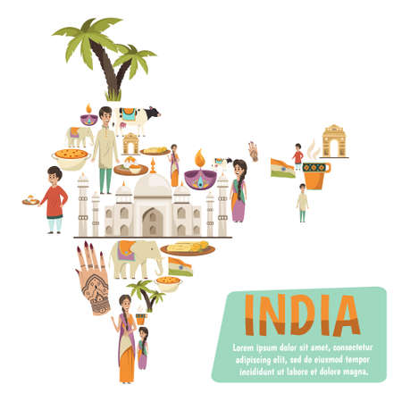 Abstract india map consisting of decorative icons describing famous national landmarks and traditions flat vector illustrationのイラスト素材