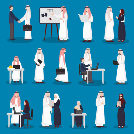 Arab business people collection of human characters of affairs dressed in national clothes and islamic scarf vector illustrationのイラスト素材