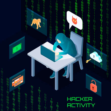 Hacker activity isometric composition with malware, stealing of money on black background with binary code vector illustrationのイラスト素材