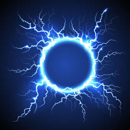 Luminous electric circle lightning atmospheric phenomenon realistic image on dark night sky blue decorative background vector illustrationのイラスト素材