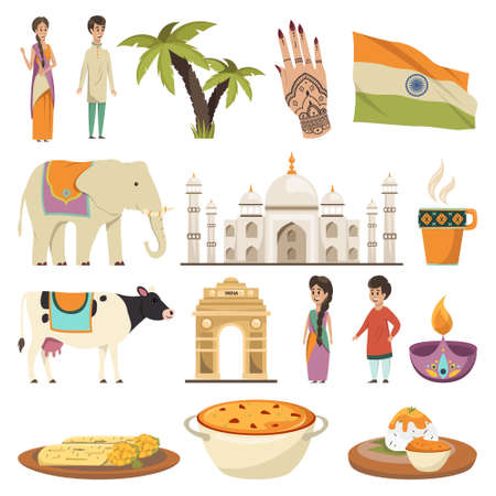 India orthogonal isolated icons set with dishes of national cuisine ethnic symbols historic landmarks flat vector illustrationのイラスト素材