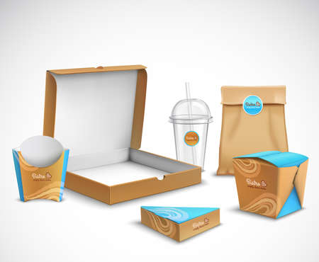 Fast food packaging corporate identity realistic templates set modern beige and bright blue turquoise colors vector illustrationのイラスト素材