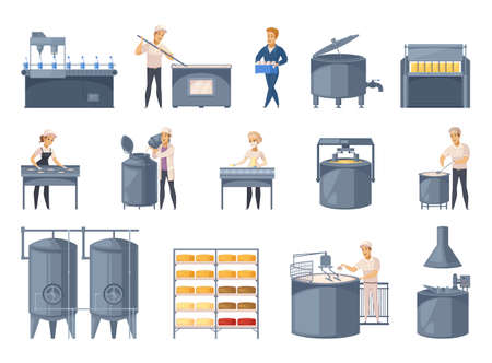 Dairy production set of cartoon icons with milk processing, cheese making, workers of factory isolated vector illustrationのイラスト素材