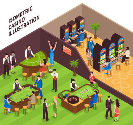 Casino isometric vector illustration with game halls equipment and people coming to play gambling gamesのイラスト素材