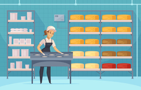 Manufacturing of milk products cartoon composition with cheese forming and ripening, packaging for...