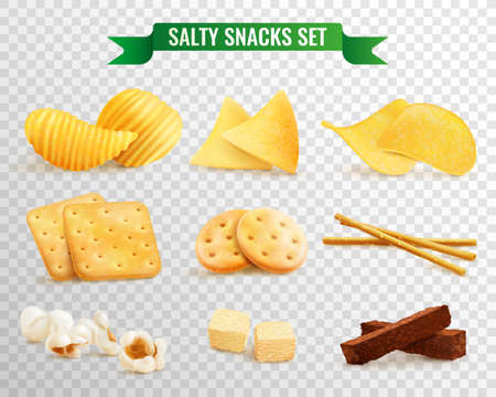 Collection of salty snacks images on transparent background with realistic pieces of chips and cookies vector illustrationのイラスト素材