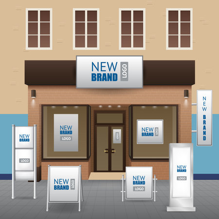 Outdoor advertising for corporate identity with different shapes of billboards on city building background realistic vector illustrationのイラスト素材