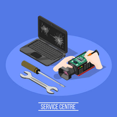 Service centre composition with spanner screwdriver laptop with broken screen digital video camera in man hands isometric vector illustrationのイラスト素材