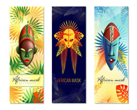 Set of three african vertical banners with ethnic masks for ghost dance and colourful tree leaves vector illustrationのイラスト素材