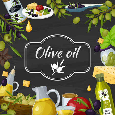 Olive cartoon blackboard composition poster  with  chalkboard text oil keiraaf twigs tomato cheese mediterranean diet vector illustrationのイラスト素材