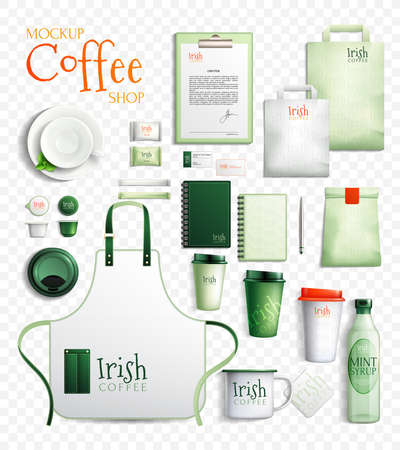 Mockup coffee shop design essentials set with isolated images of organic irish coffeeshop branded products vector illustrationのイラスト素材