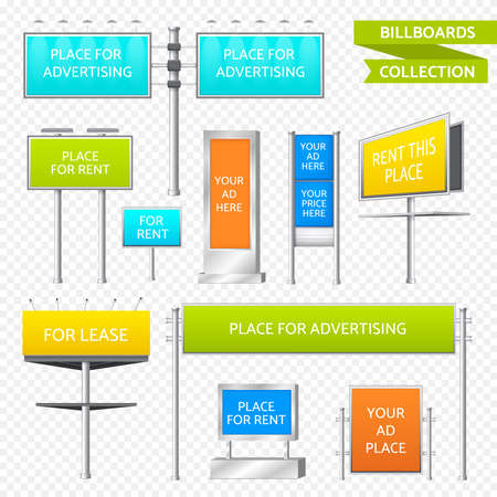 Colorful rectangular billboards collection for outside street advertisement on transparent background isolated realistic vector illustrationのイラスト素材