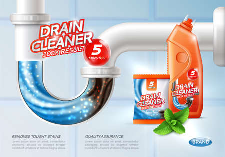 Drain cleaner poster ad with conceptual image of flush tough stains being washed away and product package vector illustrationのイラスト素材