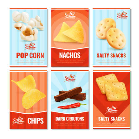 Salty snacks cards collection of six vertical ads with realistic images of small snack pieces and text vector illustrationのイラスト素材
