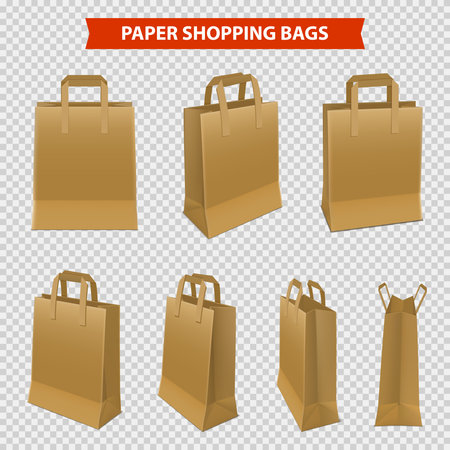 Realistic set of shopping bags made from brown paper isolated on transparent background vector illustrationのイラスト素材