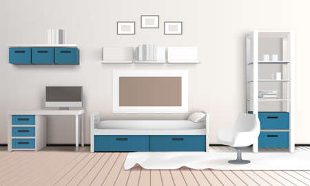 Private room realistic 3d interior with modern parlour in blue and white color scheme with domestic technics vector illustrationのイラスト素材