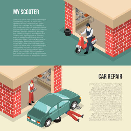 Garage horizontal isometric banners including person with scooter and men doing car repair isolated vector illustrationのイラスト素材