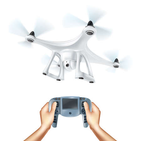 Realistic unmanned drone with digital camera and hands holding remote control device on white background isolated vector illustrationのイラスト素材