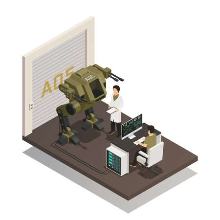 Fighting robots design concept with engineers in scientific lab interior involved in development of stormtrooper machine isometric vector illustrationのイラスト素材