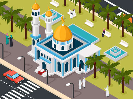 Arab muslims near mosque isometric composition with roadway and park with saudi people on benches vector illustrationのイラスト素材