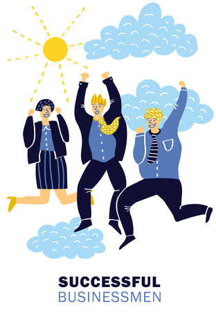Colored flat success businessmen poster with three happy colleagues celebrate the victory vector illustrationのイラスト素材