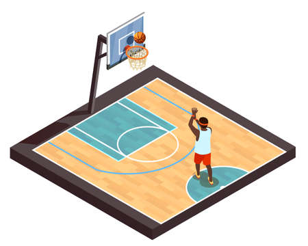 Basketball isometric betting online composition with training basketball court and one player with ball and hoop vector illustrationのイラスト素材