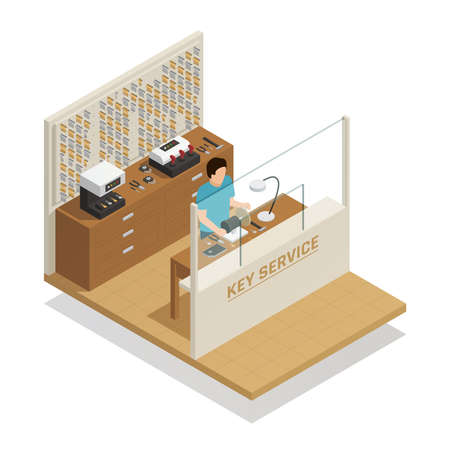 Key service isometric composition with master at working place engaged in cutting or repair of keys vector illustrationのイラスト素材