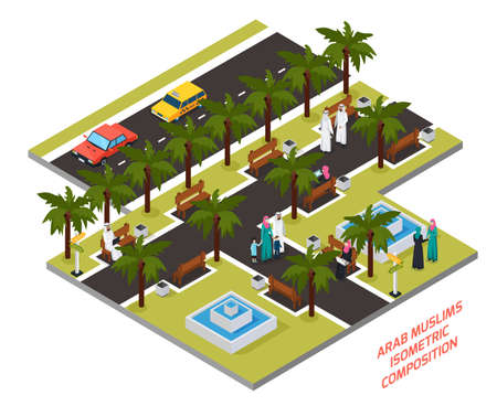 Arab muslims with family or friends in park with palm trees and fountains isometric composition vector illustrationのイラスト素材