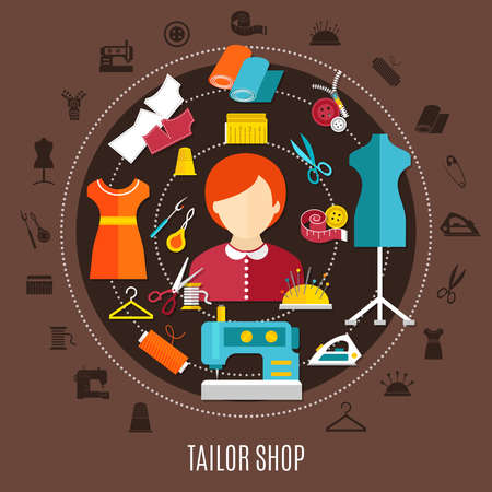 Tailor shop and sewing concept with needles pins and scissors flat vector illustrationのイラスト素材
